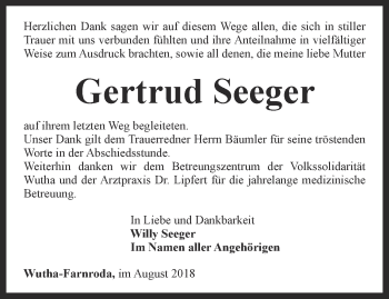 Traueranzeige von Gertrud Seeger von Thüringer Allgemeine, Thüringische Landeszeitung