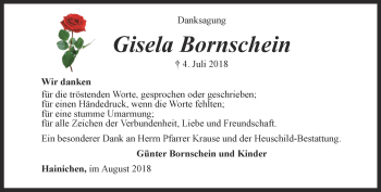 Traueranzeige von Gisela Bornschein von Ostthüringer Zeitung, Thüringische Landeszeitung