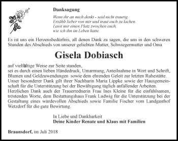 Traueranzeige von Gisela Dobiasch von Ostthüringer Zeitung