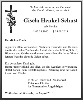 Traueranzeige von Gisela Henkel-Schust von Thüringer Allgemeine