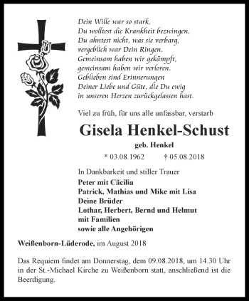 Traueranzeige von Gisela Henkel-Schust von Thüringer Allgemeine