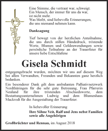 Traueranzeige von Gisela Schmidt von Thüringer Allgemeine