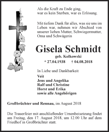 Traueranzeige von Gisela Schmidt von Thüringer Allgemeine