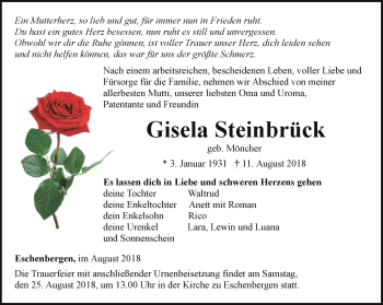 Traueranzeige von Gisela Steinbrück von Ostthüringer Zeitung, Thüringische Landeszeitung