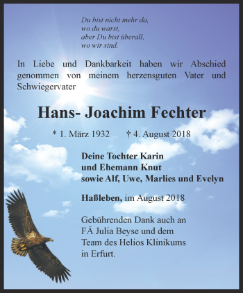 Traueranzeige von Hans-Joachim Fechter von Thüringer Allgemeine, Thüringische Landeszeitung