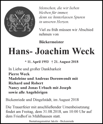 Traueranzeige von Hans- Joachim Weck von Thüringer Allgemeine, Thüringische Landeszeitung