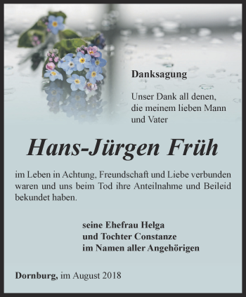 Traueranzeige von Hans-Jürgen Früh von Ostthüringer Zeitung, Thüringische Landeszeitung