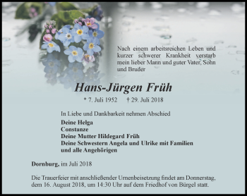 Traueranzeige von Hans-Jürgen Früh von Ostthüringer Zeitung, Thüringische Landeszeitung