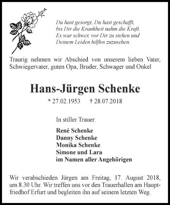 Traueranzeige von Hans-Jürgen Schenke von Thüringer Allgemeine, Thüringische Landeszeitung