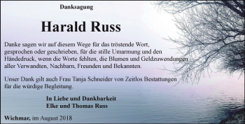 Traueranzeige von Harald Russ von Ostthüringer Zeitung, Thüringische Landeszeitung