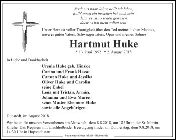 Traueranzeige von Hartmut Huke von Thüringer Allgemeine, Thüringische Landeszeitung