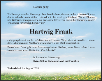 Traueranzeige von Hartwig Frank von Ostthüringer Zeitung, Thüringische Landeszeitung