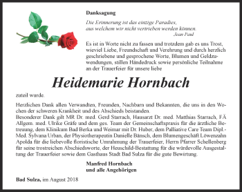 Traueranzeige von Heidemarie Hornbach von Thüringer Allgemeine, Thüringische Landeszeitung