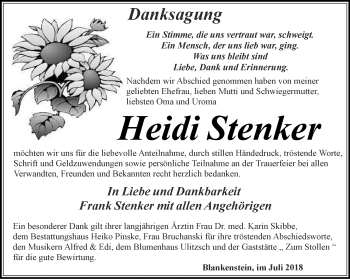 Traueranzeige von Heidi Stenker von Ostthüringer Zeitung