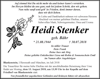 Traueranzeige von Heidi Stenker von Ostthüringer Zeitung