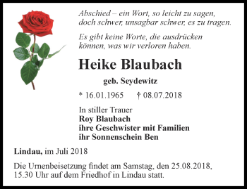 Traueranzeige von Heike Blaubach von Ostthüringer Zeitung