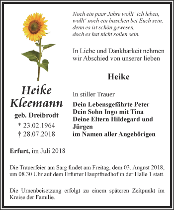 Traueranzeige von Heike Kleemann von Thüringer Allgemeine, Thüringische Landeszeitung