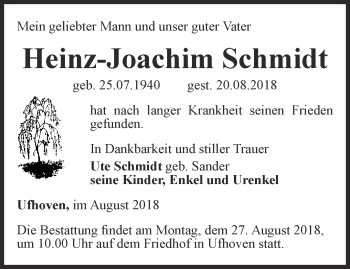 Traueranzeige von Heinz-Joachim Schmidt von Thüringer Allgemeine, Thüringische Landeszeitung