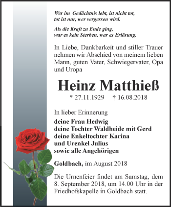 Traueranzeige von Heinz Matthieß von Ostthüringer Zeitung, Thüringische Landeszeitung