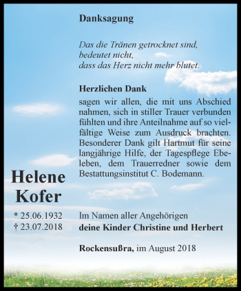 Traueranzeige von Helene Kofer von Thüringer Allgemeine