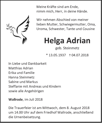 Traueranzeige von Helga Adrian von Thüringer Allgemeine