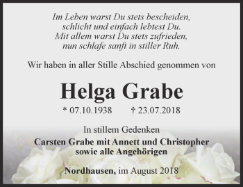 Traueranzeige von Helga Grabe von Thüringer Allgemeine