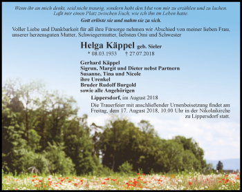 Traueranzeige von Helga Käppel von Ostthüringer Zeitung