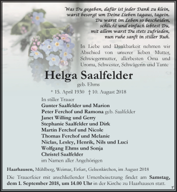 Traueranzeige von Helga Saalfelder von Thüringer Allgemeine