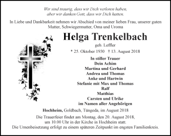 Traueranzeige von Helga Trenkelbach von Ostthüringer Zeitung, Thüringische Landeszeitung