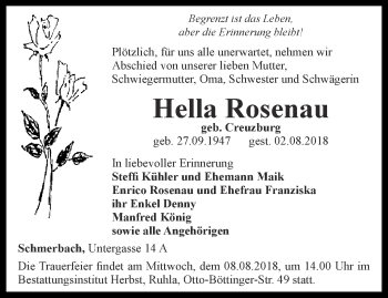 Traueranzeige von Hella Rosenau von Ostthüringer Zeitung, Thüringische Landeszeitung