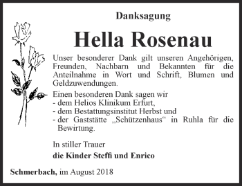 Traueranzeige von Hella Rosenau von Ostthüringer Zeitung, Thüringische Landeszeitung