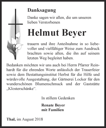 Traueranzeige von Helmut Beyer von Thüringer Allgemeine, Thüringische Landeszeitung