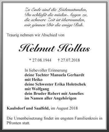 Traueranzeige von Helmut Hollas von Ostthüringer Zeitung