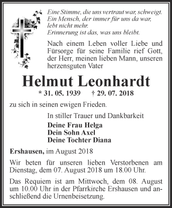 Traueranzeige von Helmut Leonhardt von Thüringer Allgemeine