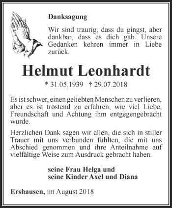 Traueranzeige von Helmut Leonhardt von Thüringer Allgemeine