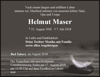 Traueranzeige von Helmut Maser von Ostthüringer Zeitung, Thüringische Landeszeitung