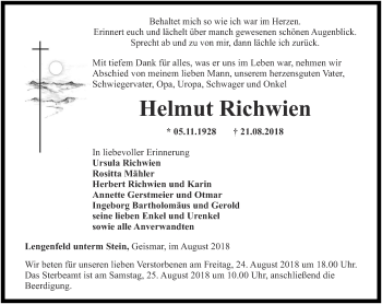 Traueranzeige von Helmut Richwien von Thüringer Allgemeine, Thüringische Landeszeitung