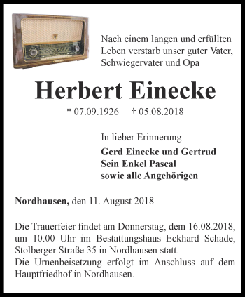 Traueranzeige von Herbert Einecke von Thüringer Allgemeine