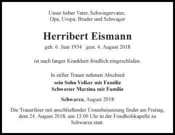 Traueranzeige von Herribert Eismann von Ostthüringer Zeitung