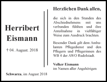 Traueranzeige von Herribert Eismann von Ostthüringer Zeitung