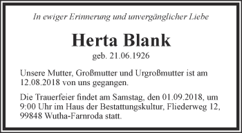 Traueranzeige von Herta Blank von Thüringer Allgemeine, Thüringische Landeszeitung