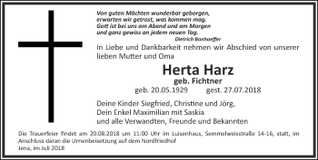 Traueranzeige von Herta Harz von Ostthüringer Zeitung, Thüringische Landeszeitung