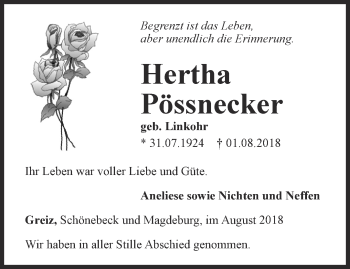 Traueranzeige von Hertha Pössnecker von Ostthüringer Zeitung