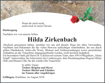 Traueranzeige von Hilda Zirkenbach von Thüringer Allgemeine