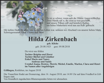 Traueranzeige von Hilda Zirkenbach von Thüringer Allgemeine