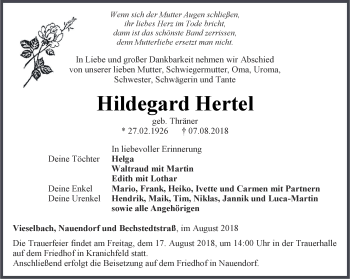 Traueranzeige von Hildegard Hertel von Thüringer Allgemeine, Thüringische Landeszeitung