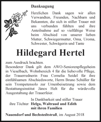 Traueranzeige von Hildegard Hertel von Thüringer Allgemeine, Thüringische Landeszeitung