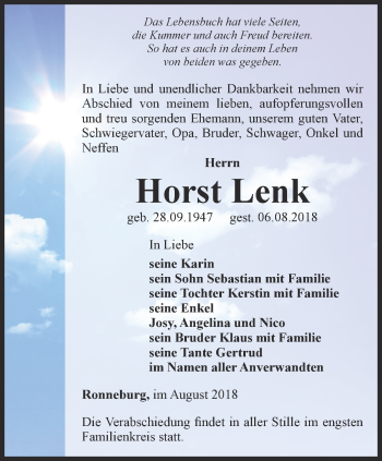 Traueranzeige von Horst Lenk von Ostthüringer Zeitung