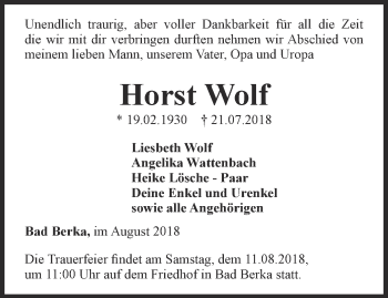 Traueranzeige von Horst Wolf von Thüringer Allgemeine, Thüringische Landeszeitung