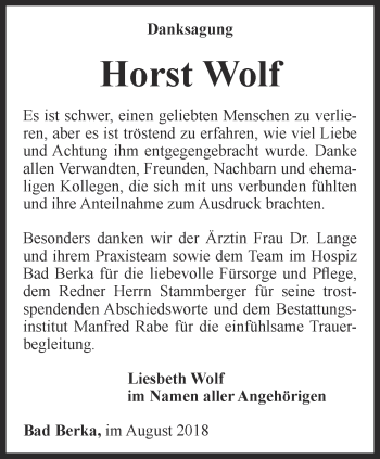 Traueranzeige von Horst Wolf von Thüringer Allgemeine, Thüringische Landeszeitung